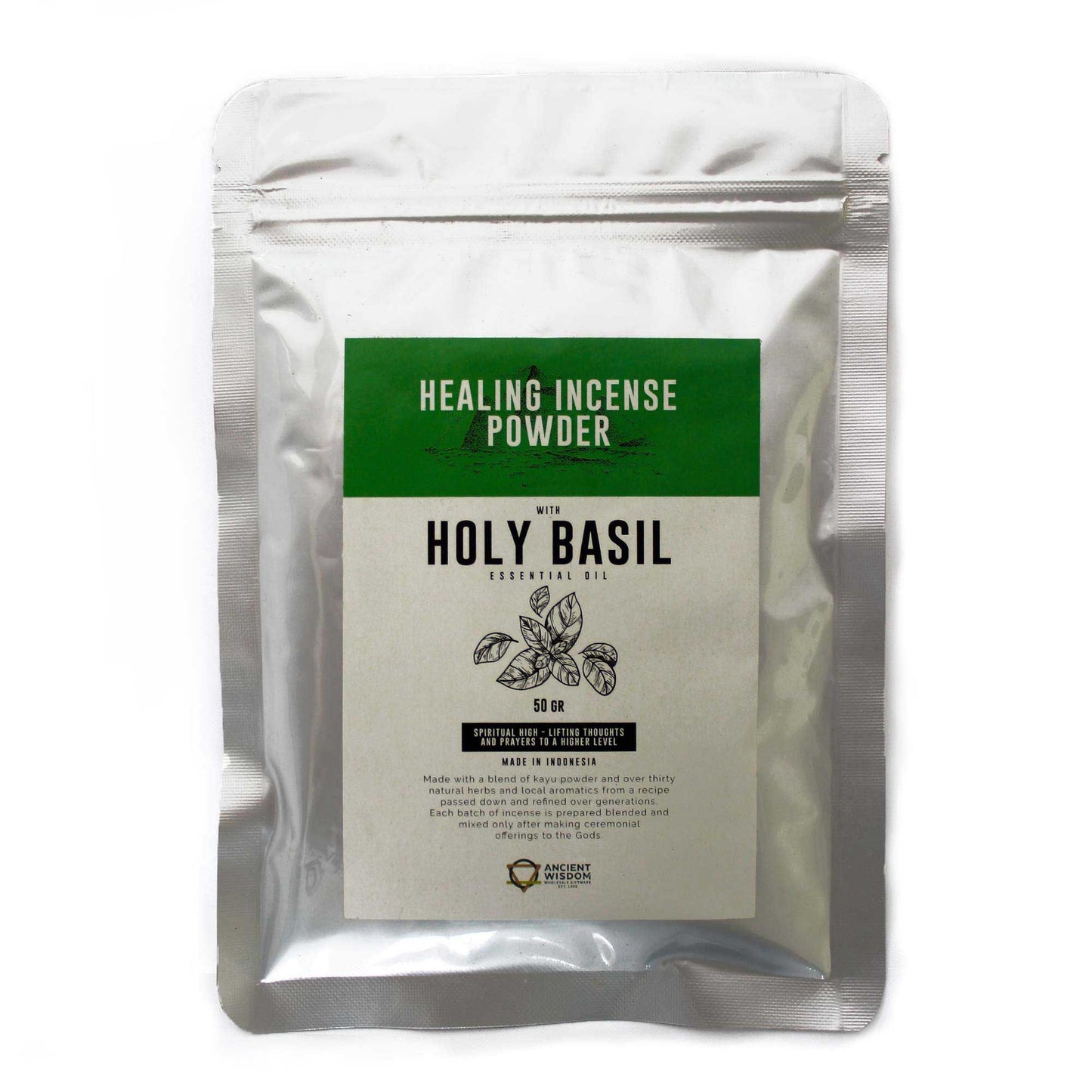 Fine green herbal incense powder in a pile, ideal for traditional heat-resistant burners and spiritual cleansing.