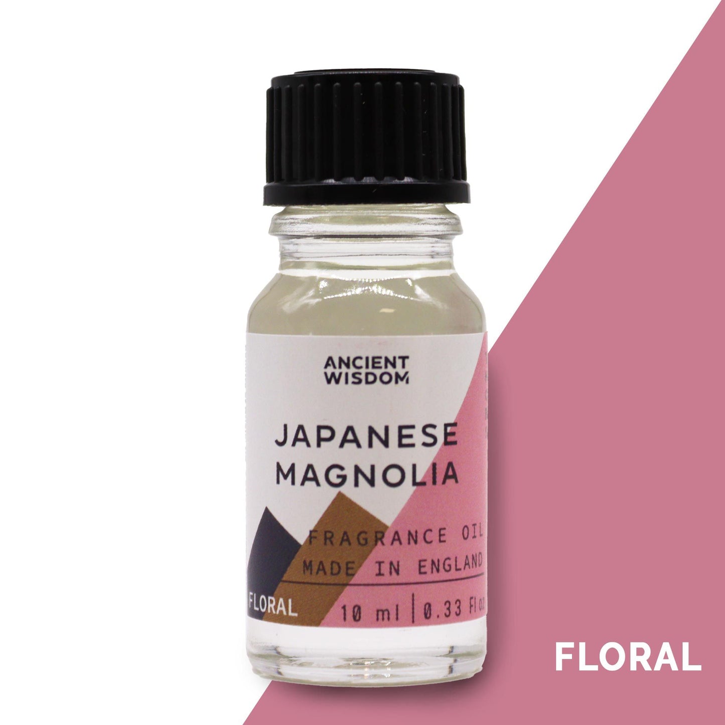 A 10ml amber glass bottle of Japanese Magnolia fragrance oil with a black dropper cap on a neutral background.