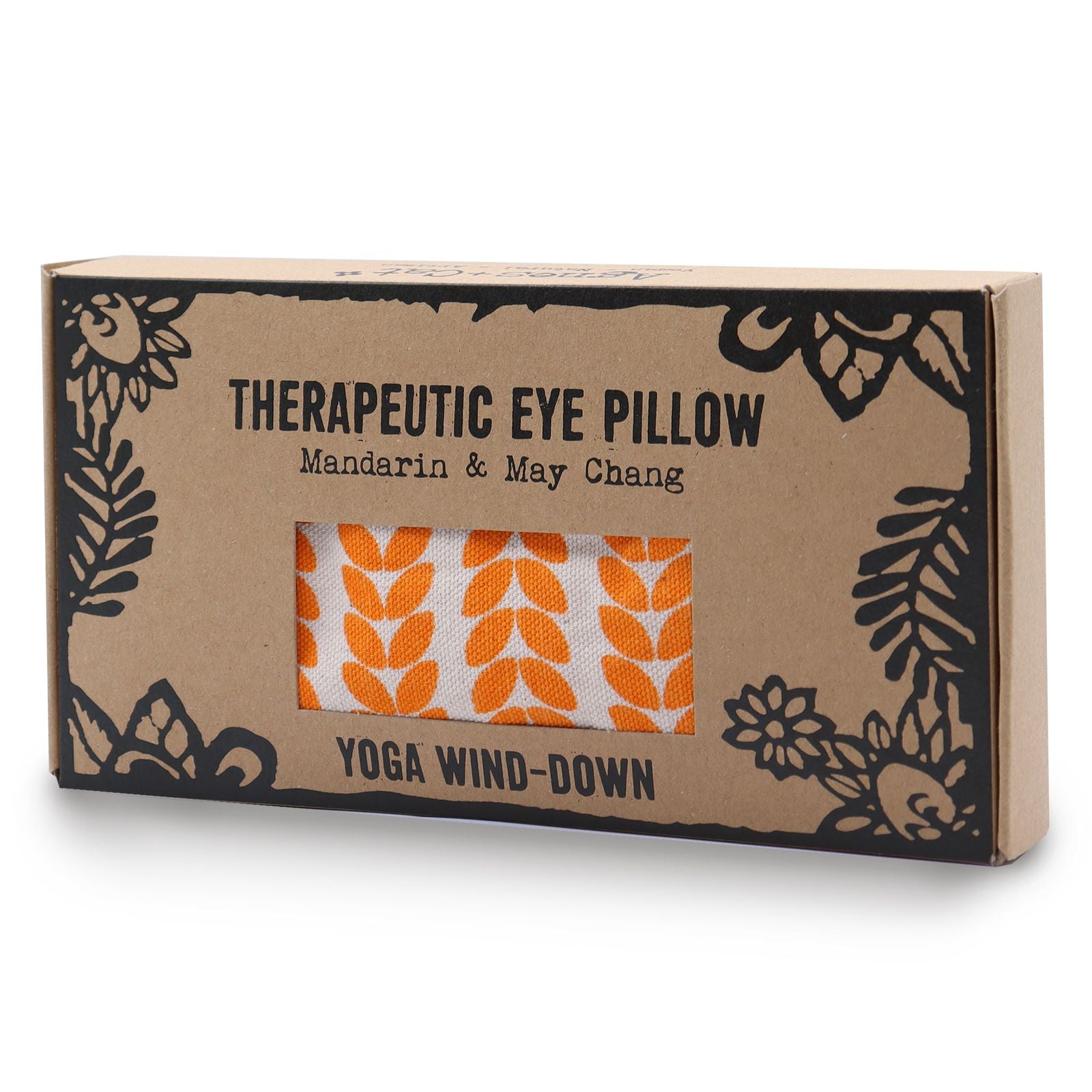 Soft fabric eye pillow for yoga relaxation featuring a botanical pattern and weighted linseed filling.