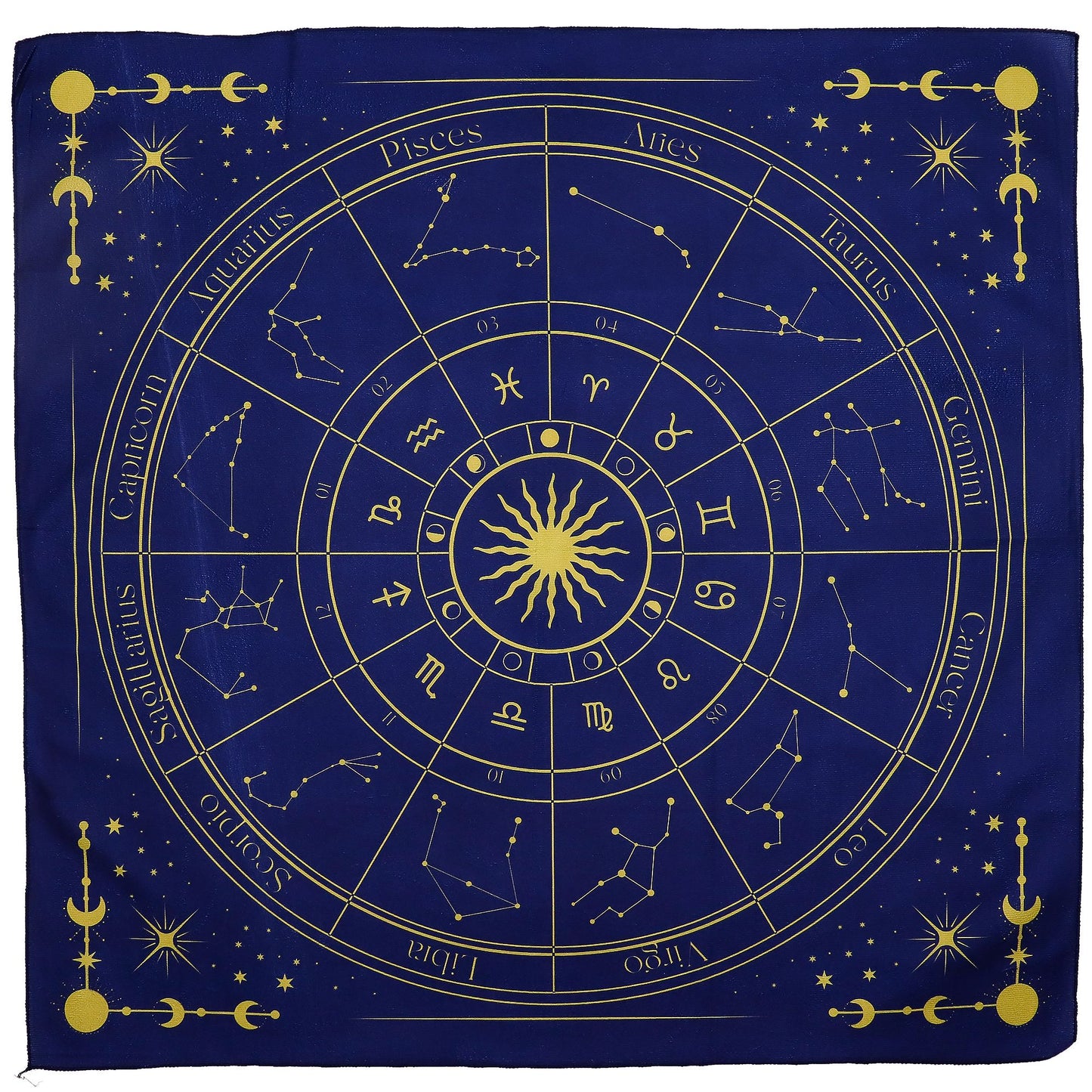 Square black fabric tarot cloth featuring a detailed white zodiac wheel design with astrological symbols.