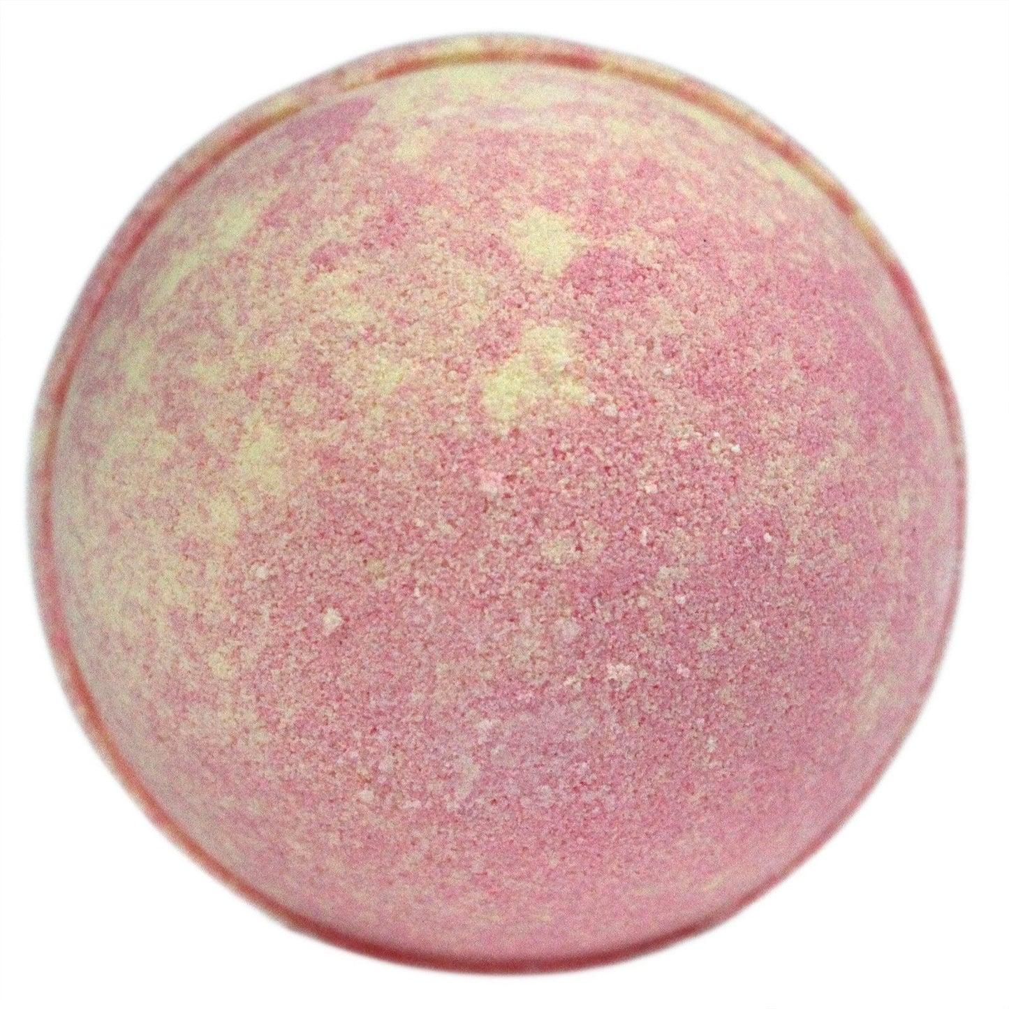 Large round pink and white artisanal bath bomb with a textured surface on a plain background.