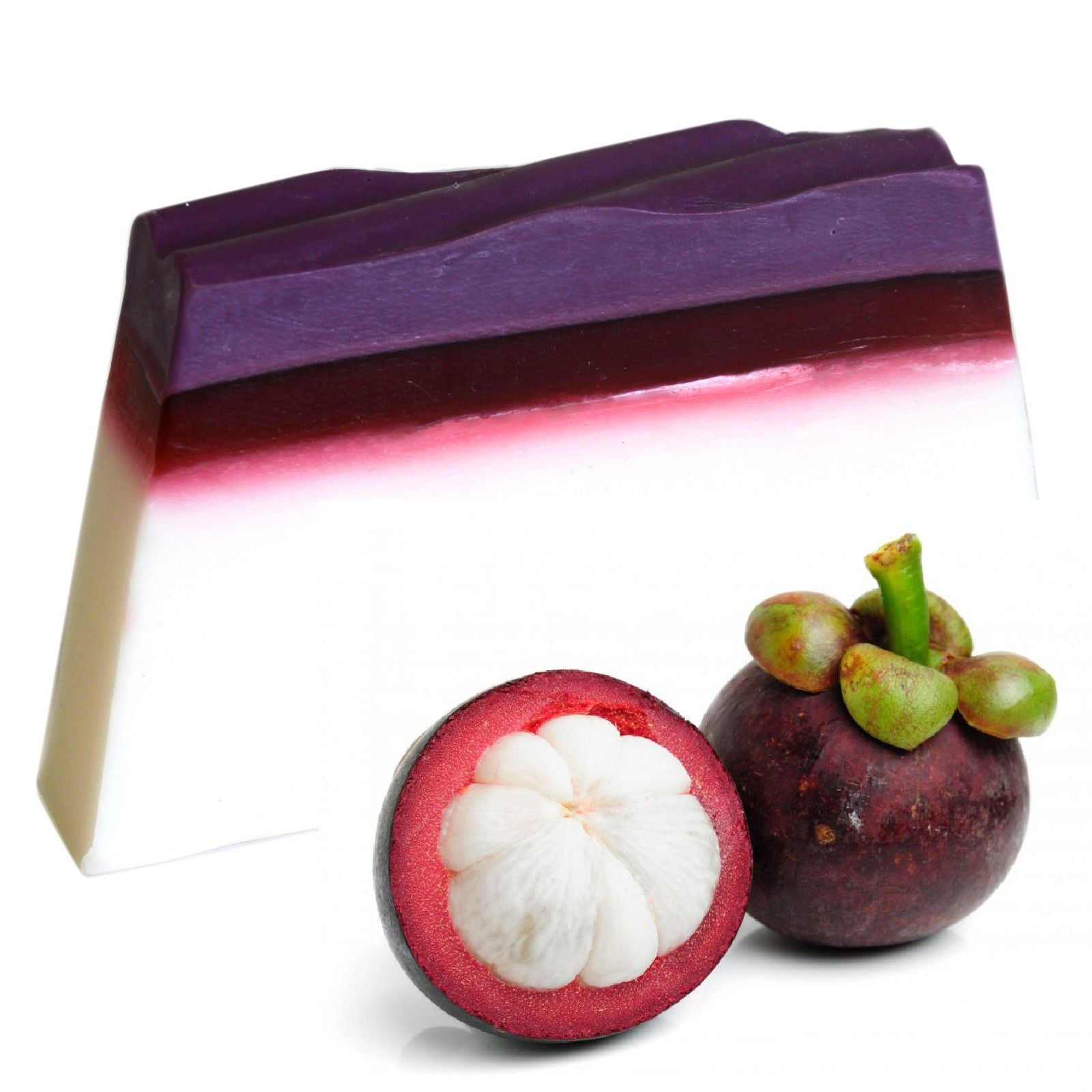 Colourful handmade tropical soap loaf with vibrant layers of mangosteen-inspired pink and white swirls.