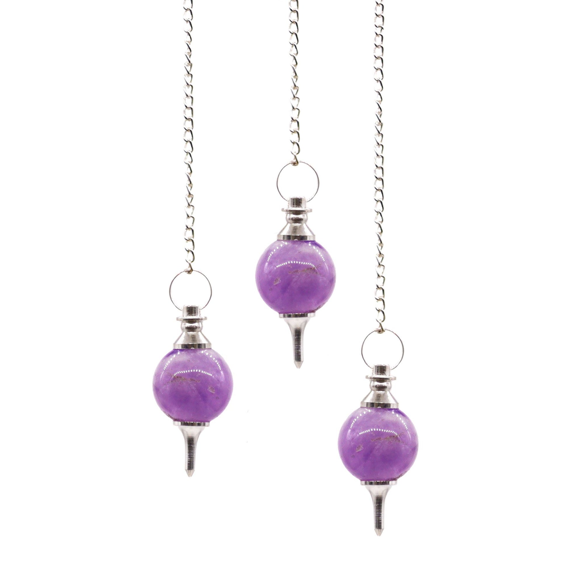A polished purple amethyst sphere pendulum suspended from a delicate silver chain with a small gemstone bead at the top.