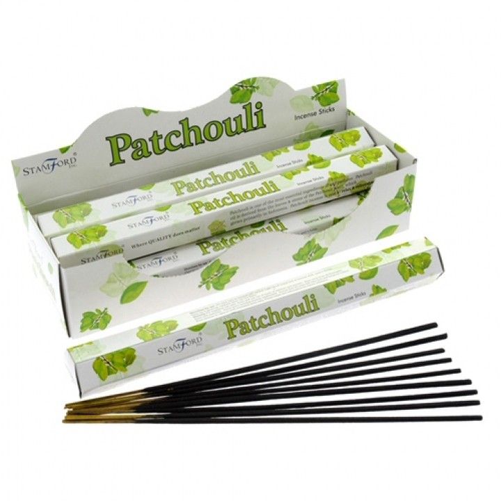 Hexagonal box of premium patchouli incense sticks with an earthy, aromatic scent.