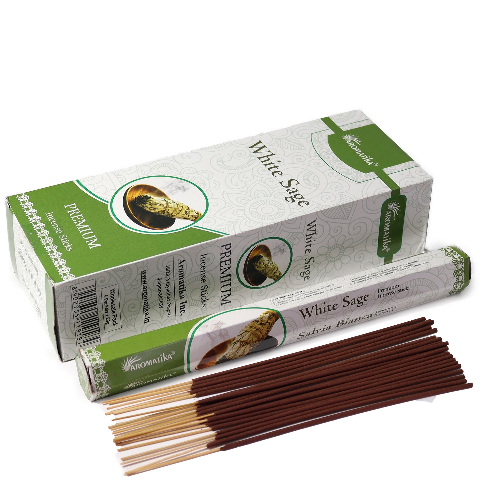 Hexagonal box of white sage incense sticks showing natural sage leaves on the packaging.