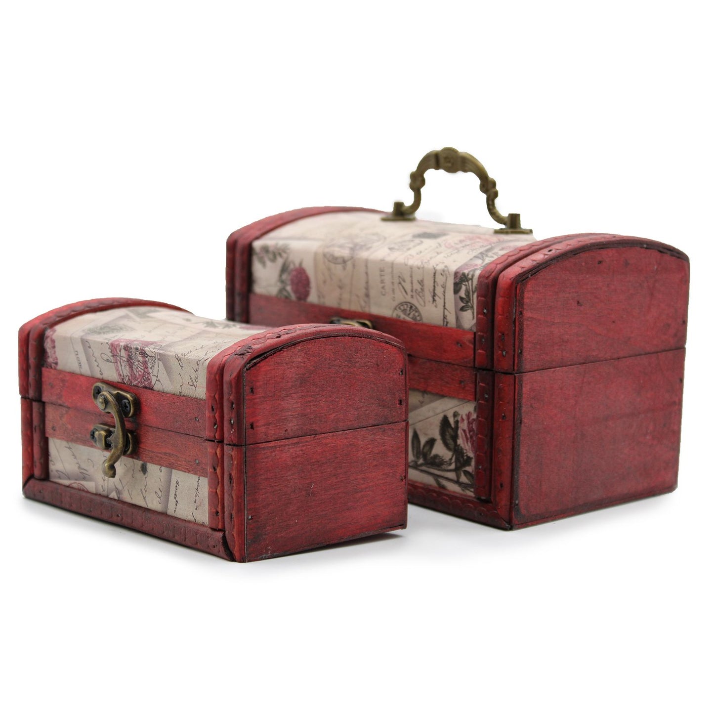 Two vintage-style wooden storage boxes featuring a floral rose design and ornate brass fittings.