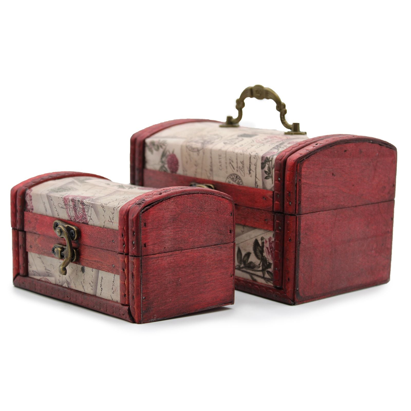 Two vintage-style wooden storage boxes featuring a floral rose design and ornate brass fittings.