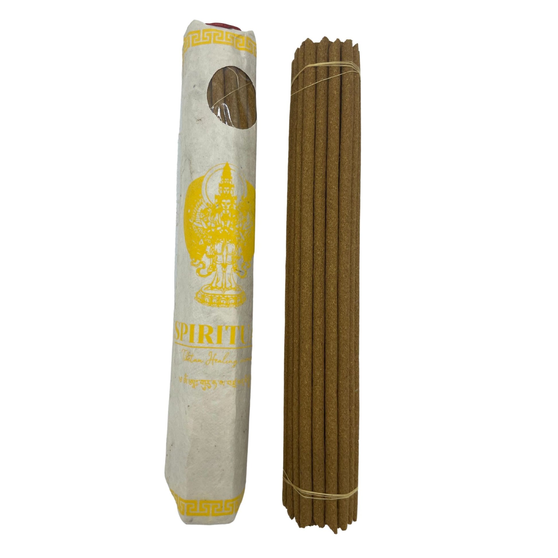 Hand-rolled bundle of 30 premium Tibetan incense sticks wrapped in traditional red and yellow paper packaging.