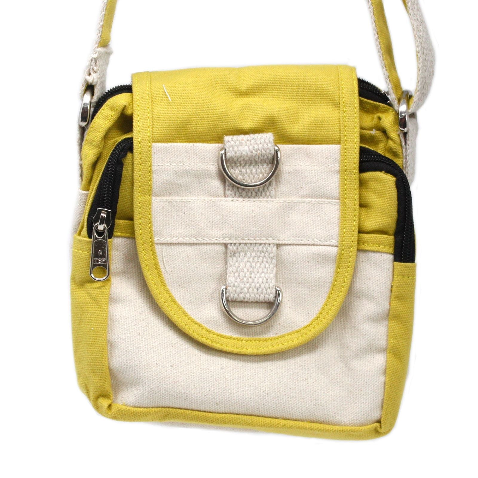 Olive green natural cotton cross-body travel bag with adjustable strap and zip pocket detail.