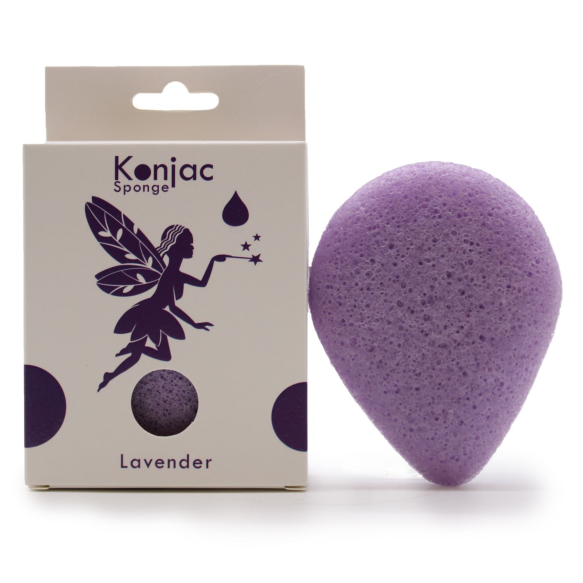 Lavender-infused teardrop-shaped konjac sponge with a soft, porous texture for gentle facial exfoliation.