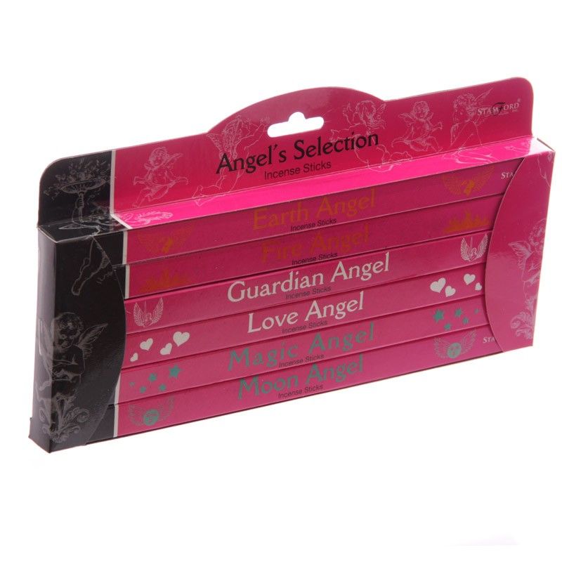 A decorative gift set featuring various packs of incense sticks with angelic artwork and a wooden incense burner.