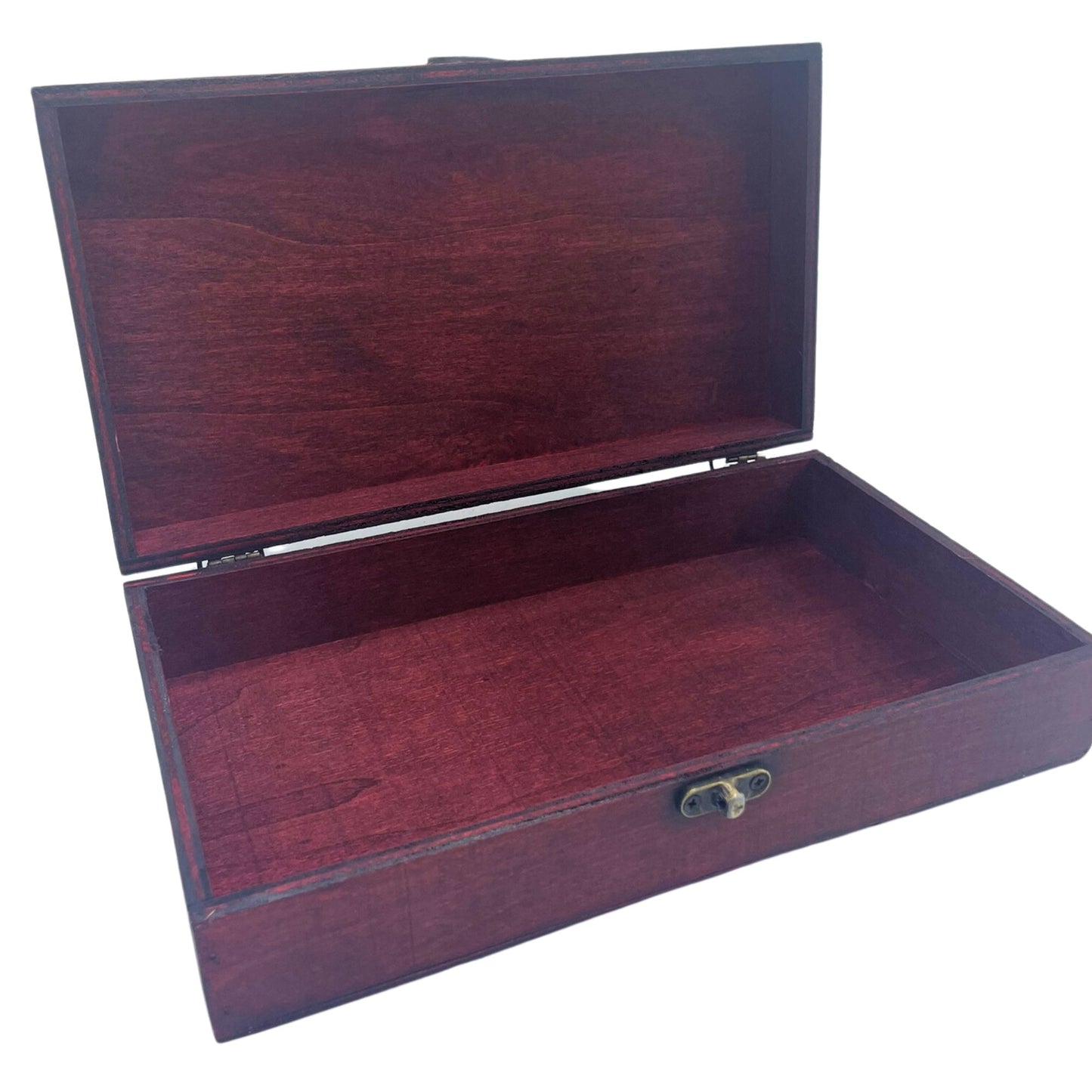 Rustic tan-coloured wooden gift box with a vintage-style latch and multiple internal compartments for tea or small keepsakes.
