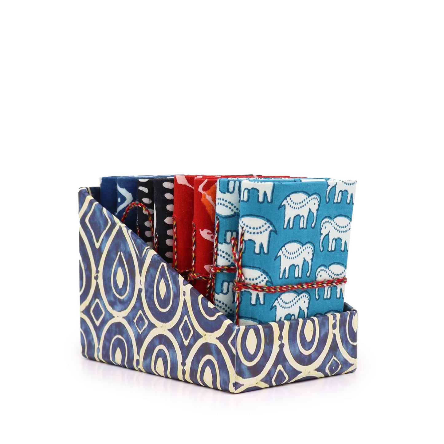Small colourful cotton bound notebooks featuring various traditional block print patterns and textures.
