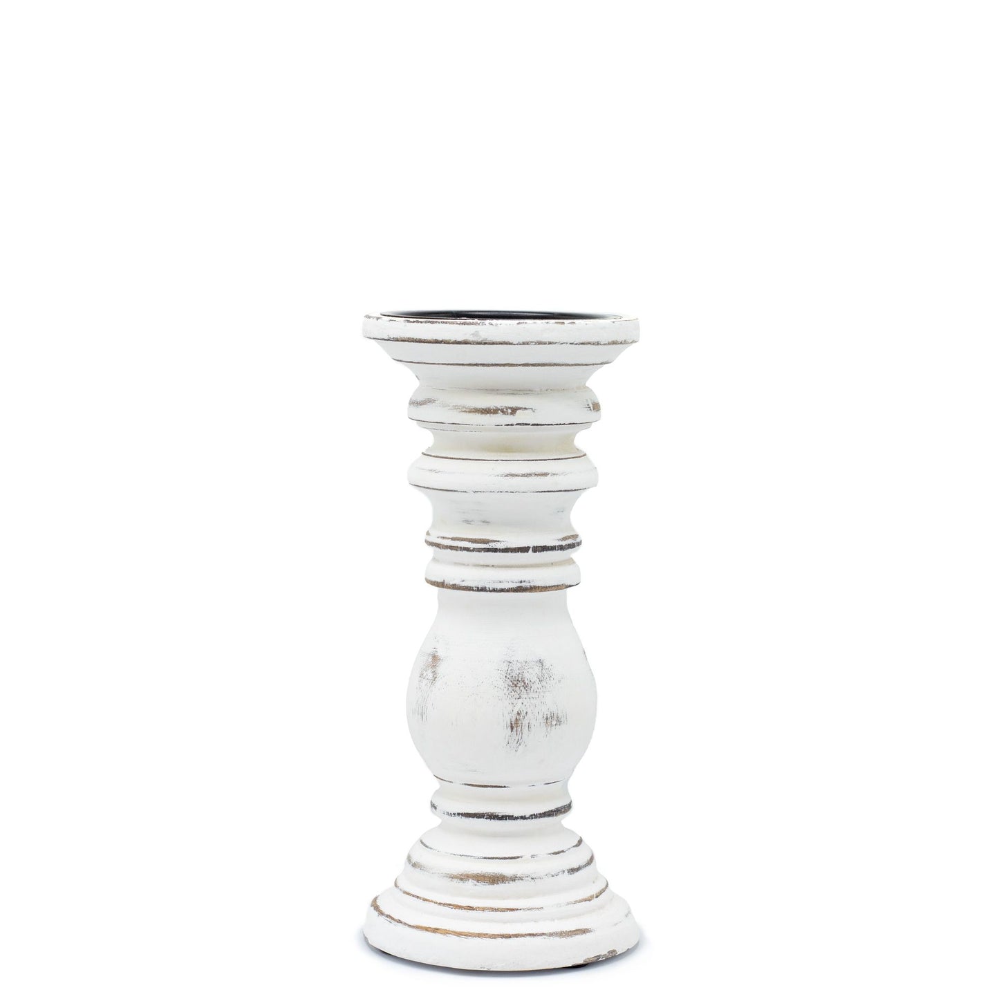 Small traditional mango wood candle stand with a rustic whitewashed distressed finish and a tapered spindle design.