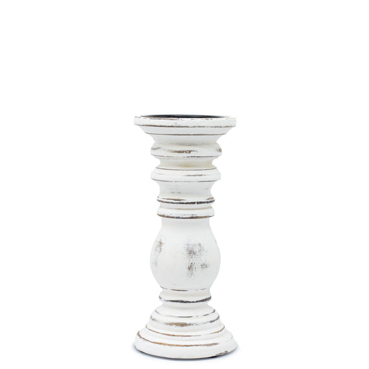 Small traditional mango wood candle stand with a rustic whitewashed distressed finish and a tapered spindle design.