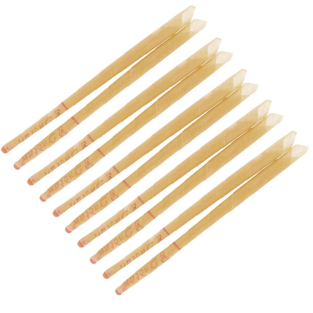 Two long, slender natural beeswax-coloured ear candles displayed against a neutral background.