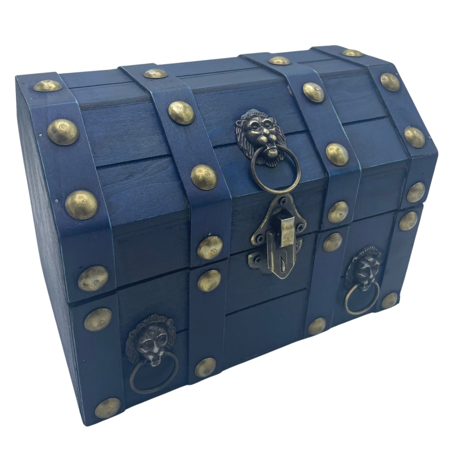 Large vintage style wooden treasure chest with a beautiful teal finish and ornate metal hardware.