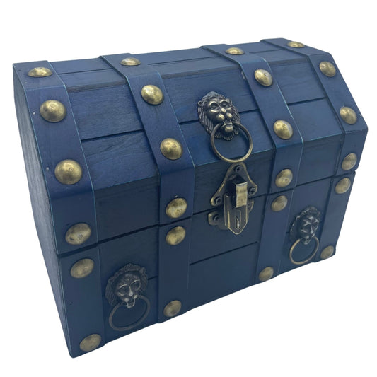 Large vintage style wooden treasure chest with a beautiful teal finish and ornate metal hardware.