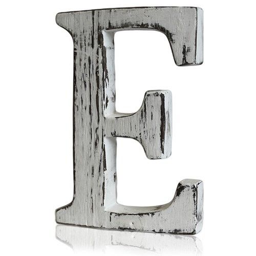 Hand-carved mango wood alphabet letter E with a white-wash finish and natural grain details.