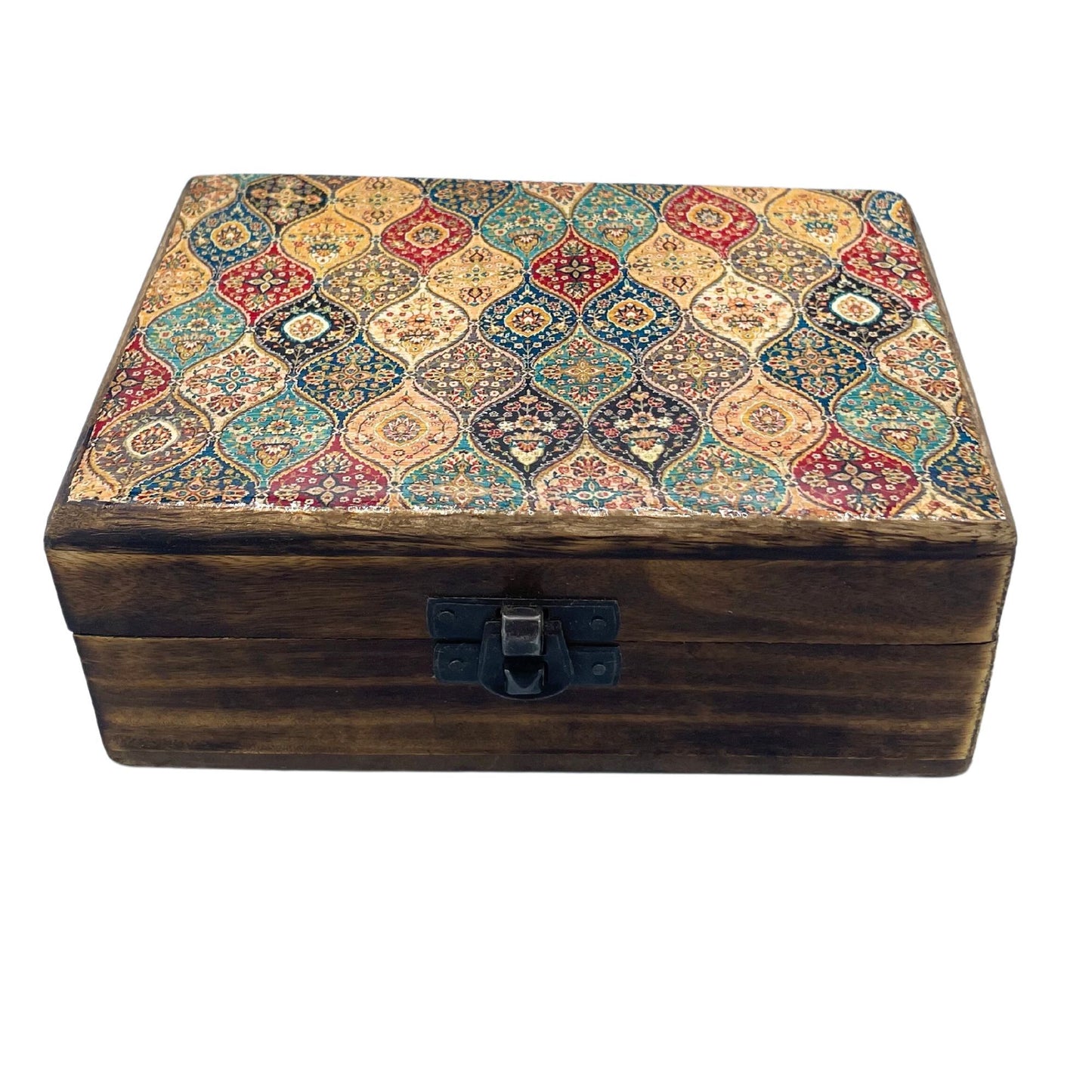 Medium wooden box with a decorative ceramic glazed lid featuring a blue and white traditional pattern.