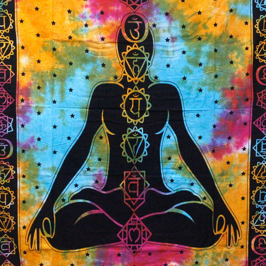 Large colourful cotton bedspread featuring a central Buddha figure with chakra symbols and intricate patterns.