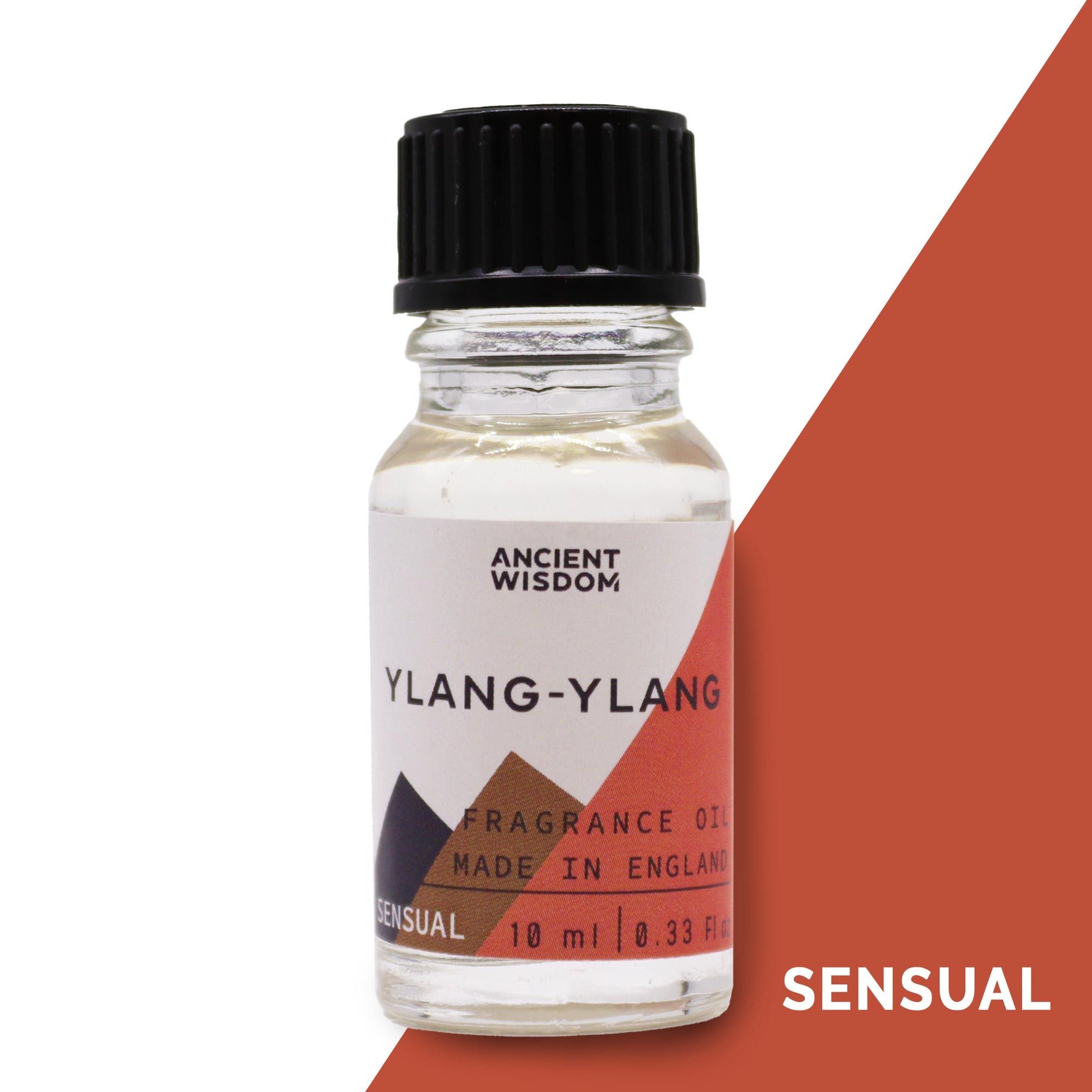 Small amber glass bottle of Ylang-Ylang fragrance oil with a black screw cap on a neutral background.