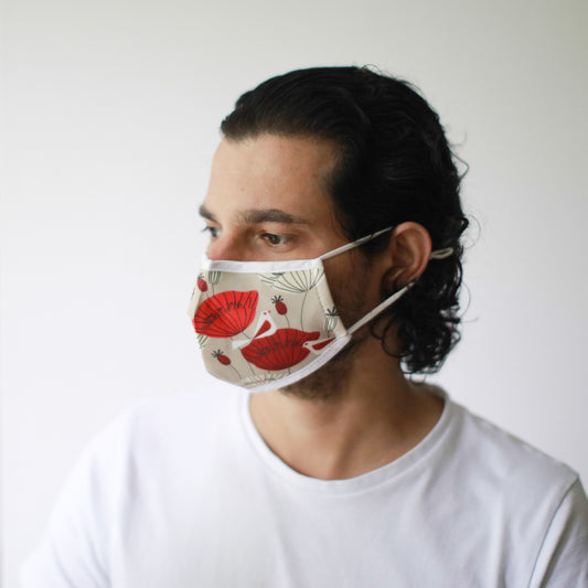 Adult-sized fabric face mask featuring a vibrant red and black oriental poppy floral pattern on a dark background.