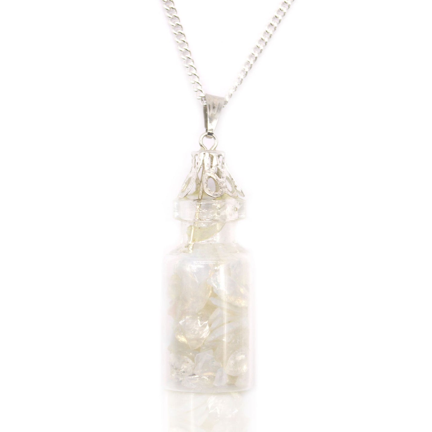 Delicate glass bottle pendant filled with small tumbled opalite gemstones on a silver-coloured chain.