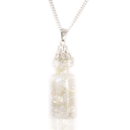 Delicate glass bottle pendant filled with small tumbled opalite gemstones on a silver-coloured chain.