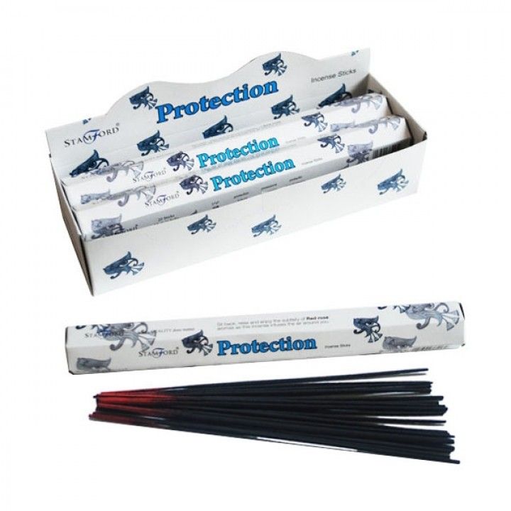 Hexagonal pack of dark incense sticks displaying a mystical protection theme on a clean background.