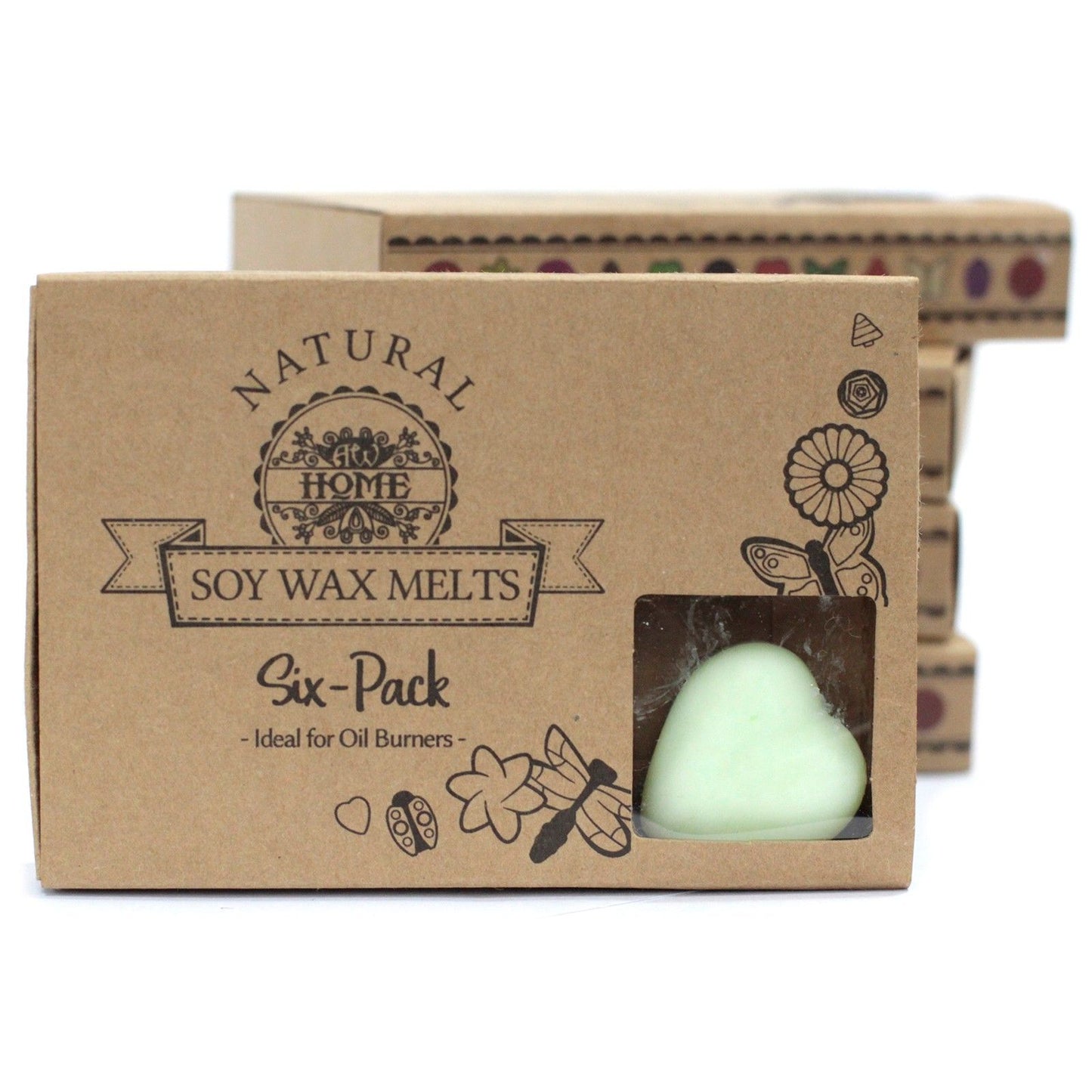 Six pink heart-shaped wax melts neatly arranged in a rustic matchbox style slider box with watermelon design.