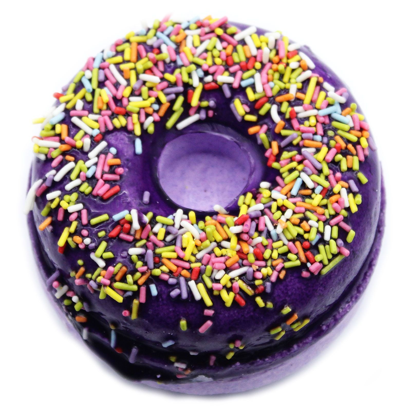 Two colourful donut-shaped bath fizzers decorated with soap icing and sprinkles on a plain background.
