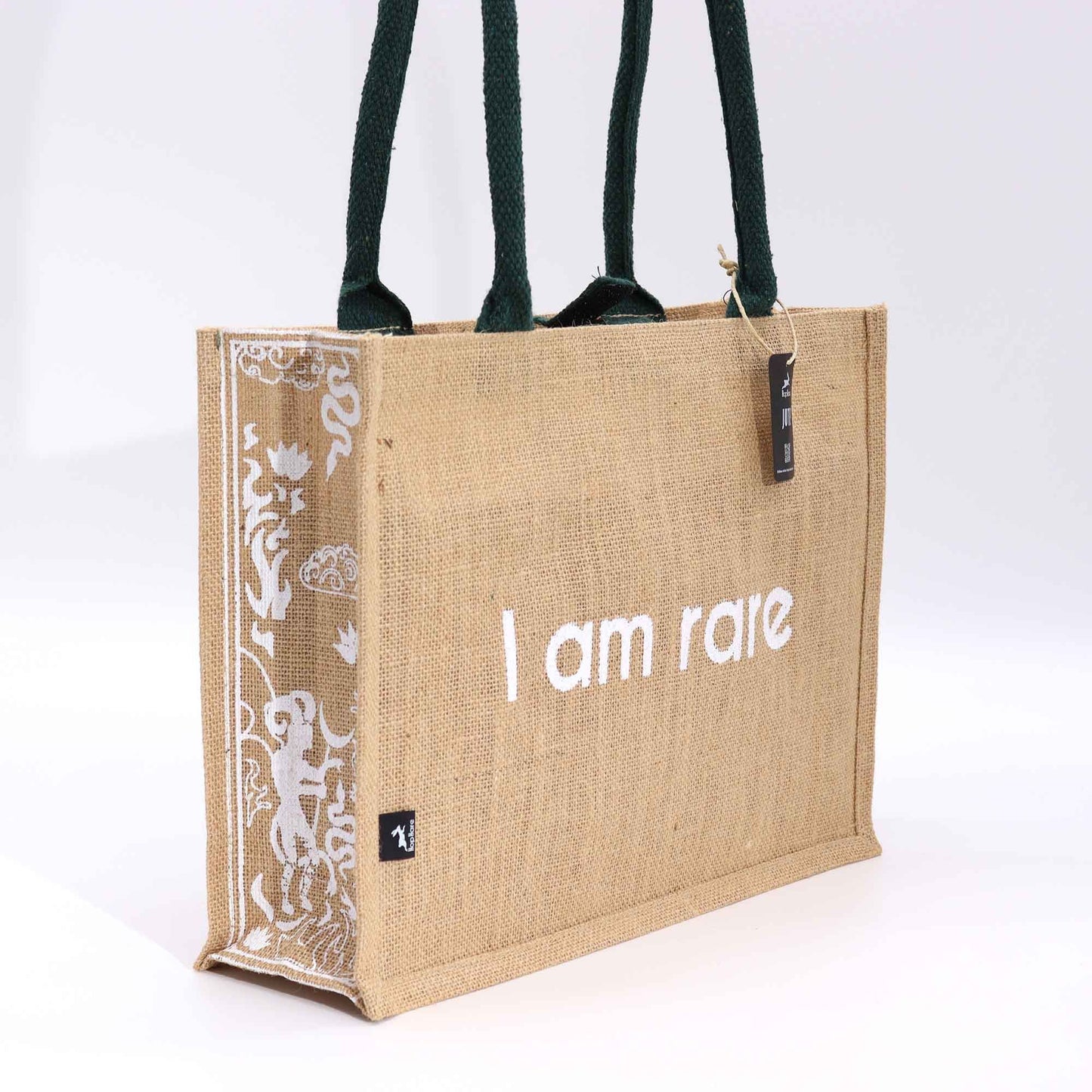 Large jute tote bag featuring a mystical black and white tarot card design of the Devil on a natural fibre background.