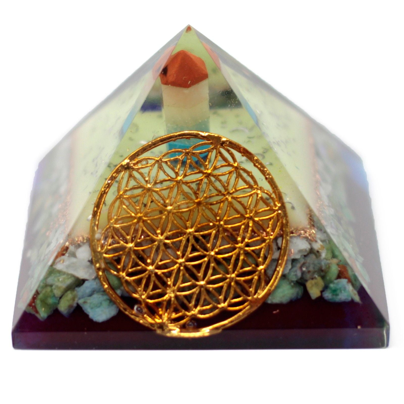 Large 80mm orgonite pyramid featuring a gold-tone Flower of Life symbol and embedded crystals and metal shavings.