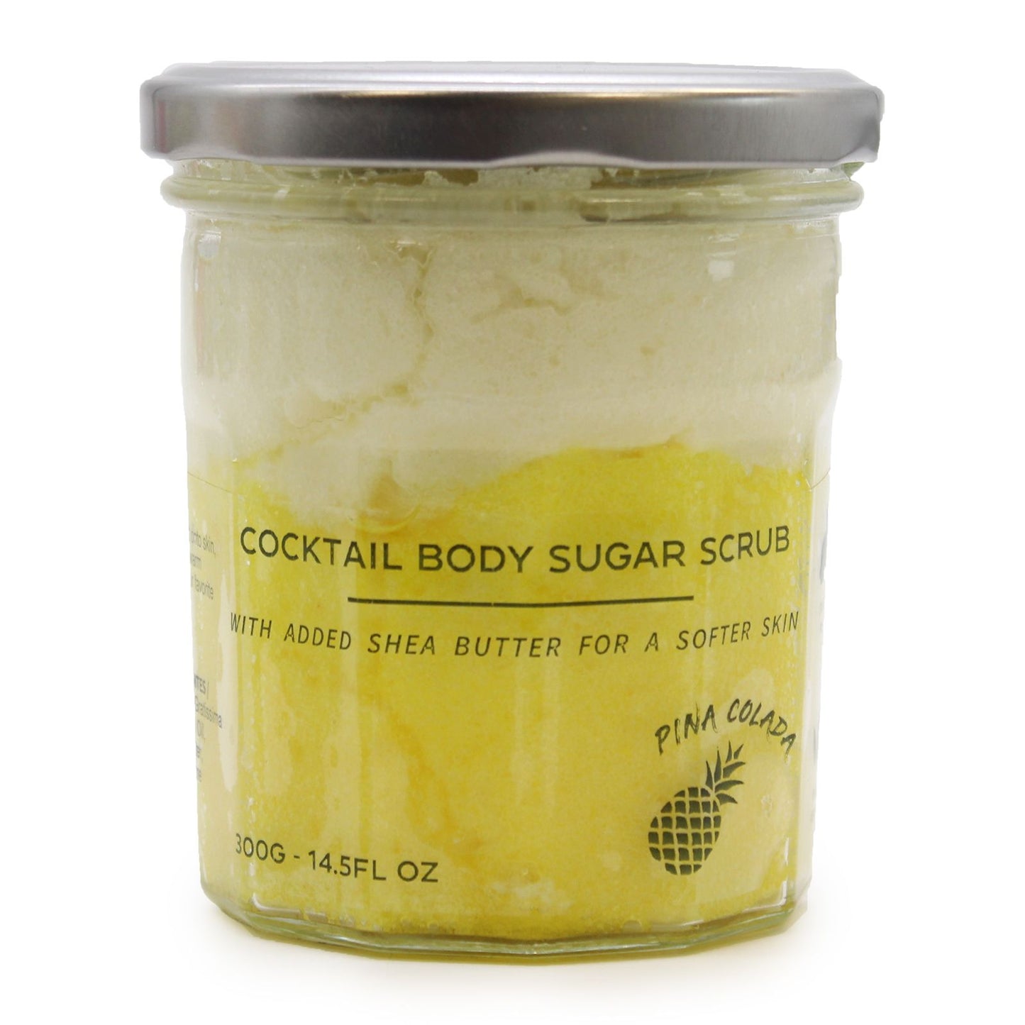 Clear tub of textured yellow sugar body scrub with a sweet tropical fragrance for exfoliating skin.
