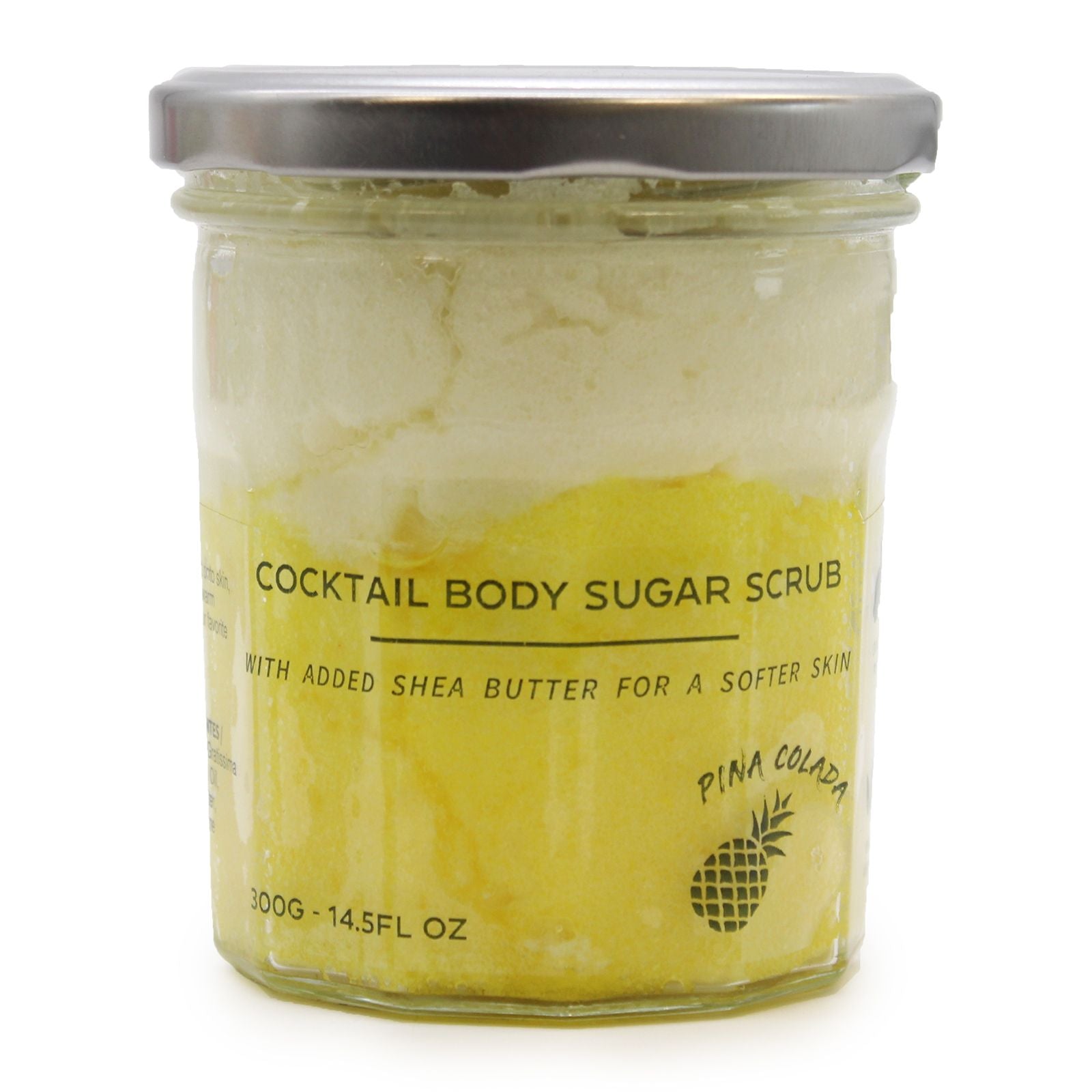 Clear tub of textured yellow sugar body scrub with a sweet tropical fragrance for exfoliating skin.