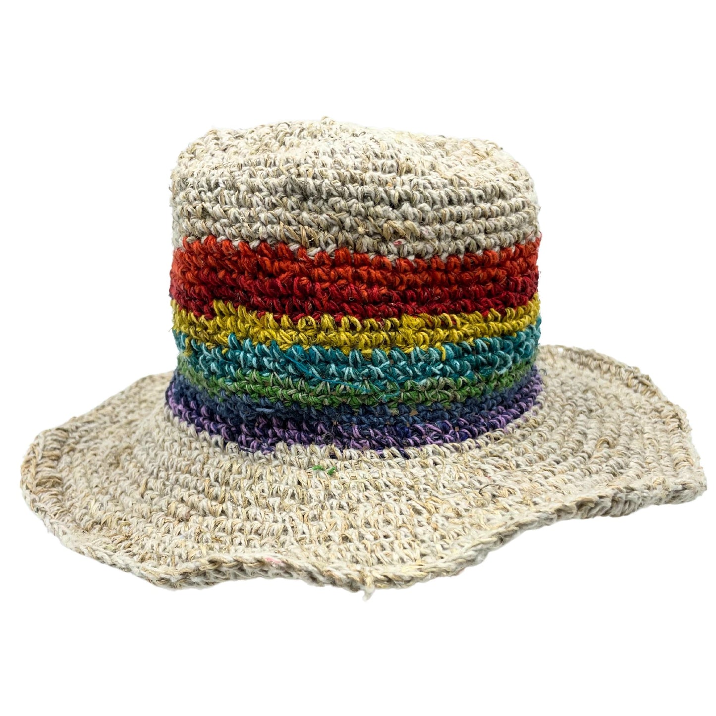 Hand-knitted boho festival hat featuring vibrant rainbow stripes and a textured hemp and cotton weave.