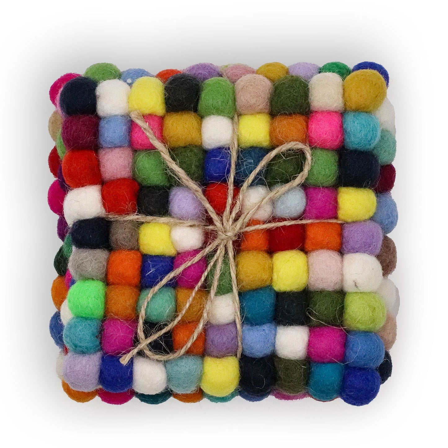 A set of four square coasters handcrafted from small felt balls in various shades of grey.
