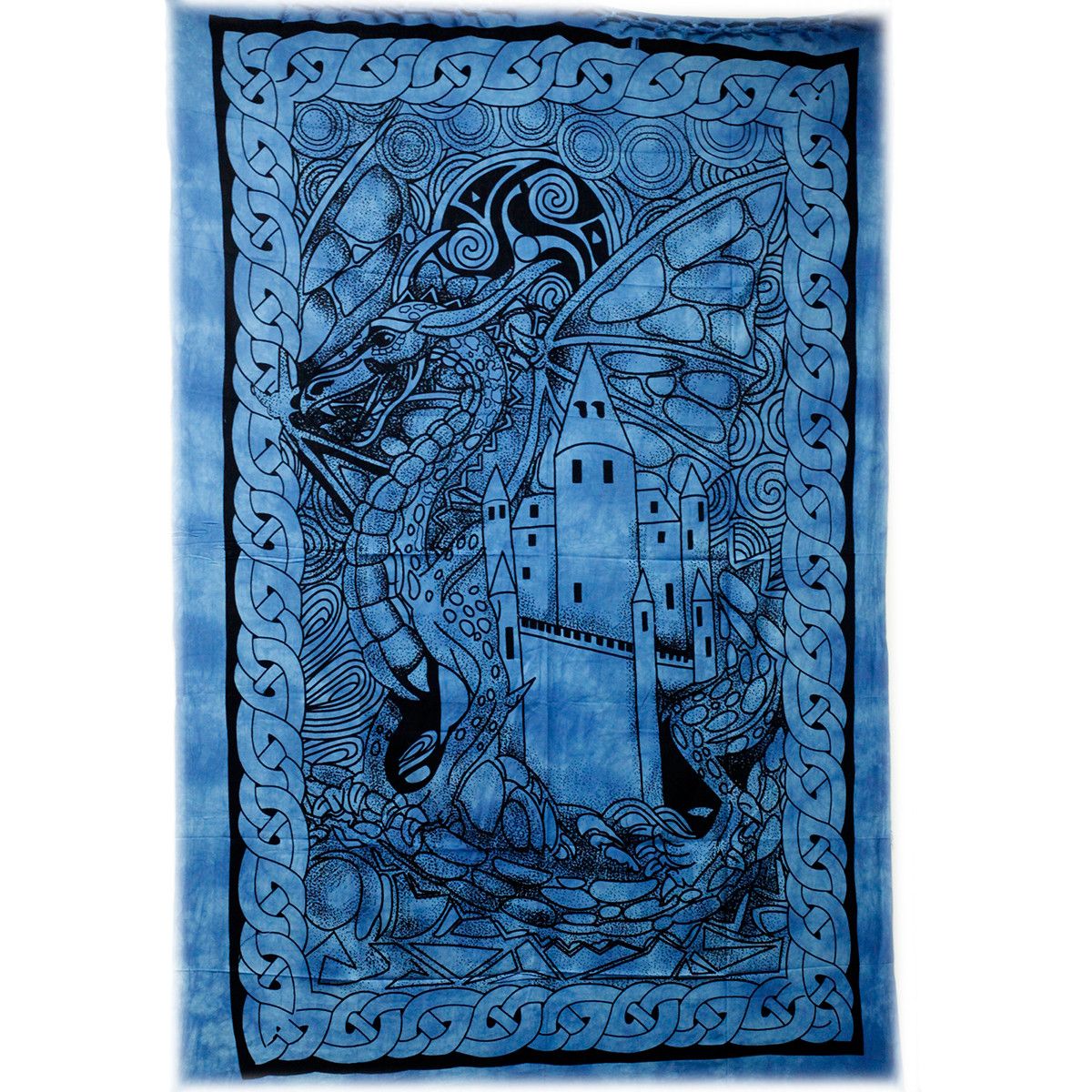 Intricate black and white tapestry featuring a majestic dragon soaring above a gothic castle landscape.
