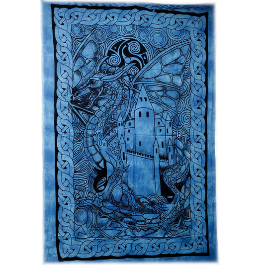 Intricate black and white tapestry featuring a majestic dragon soaring above a gothic castle landscape.