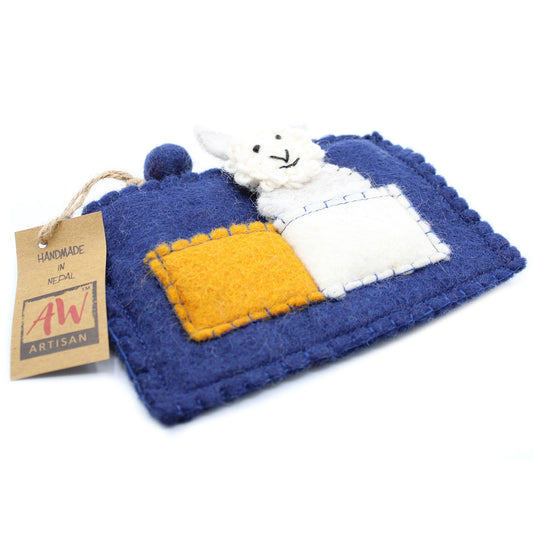 Three adorable fabric puppy finger puppets stored inside a colourful matching fabric carry pouch.