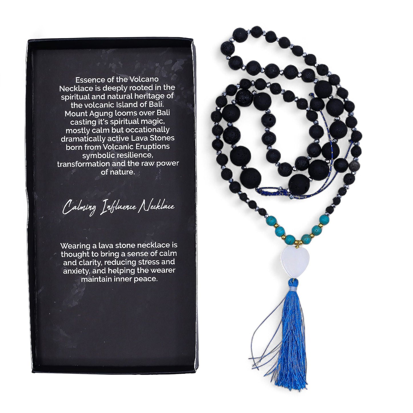 Handcrafted necklace featuring dark porous lava beads interwoven with bright blue turquoise accents.