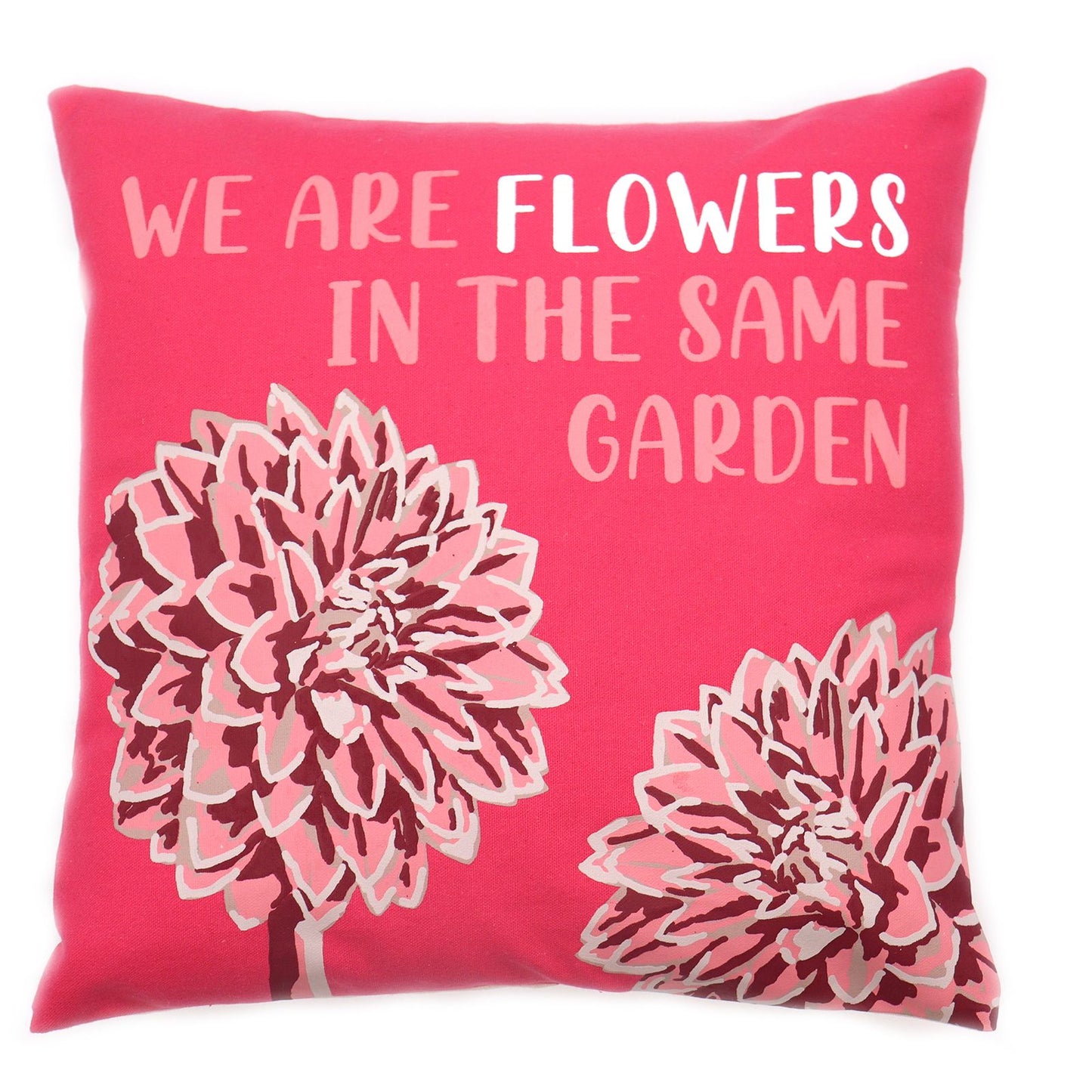 Printed cotton cushion cover featuring a vibrant floral design in olive green and pink on a natural background.