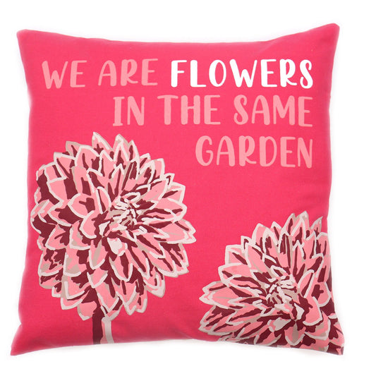 Printed cotton cushion cover featuring a vibrant floral design in olive green and pink on a natural background.