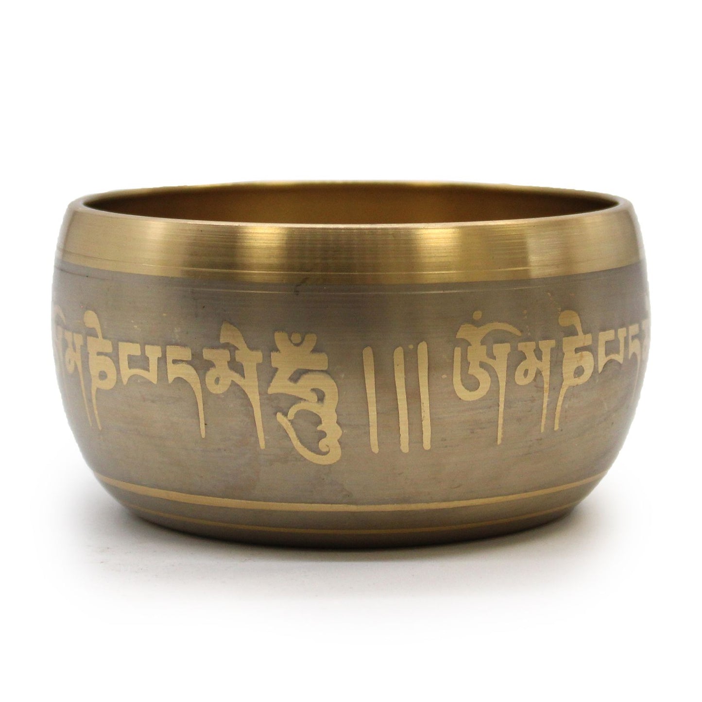 Large brass singing bowl featuring an intricate Five Buddha design on the interior and traditional patterns on the exterior.