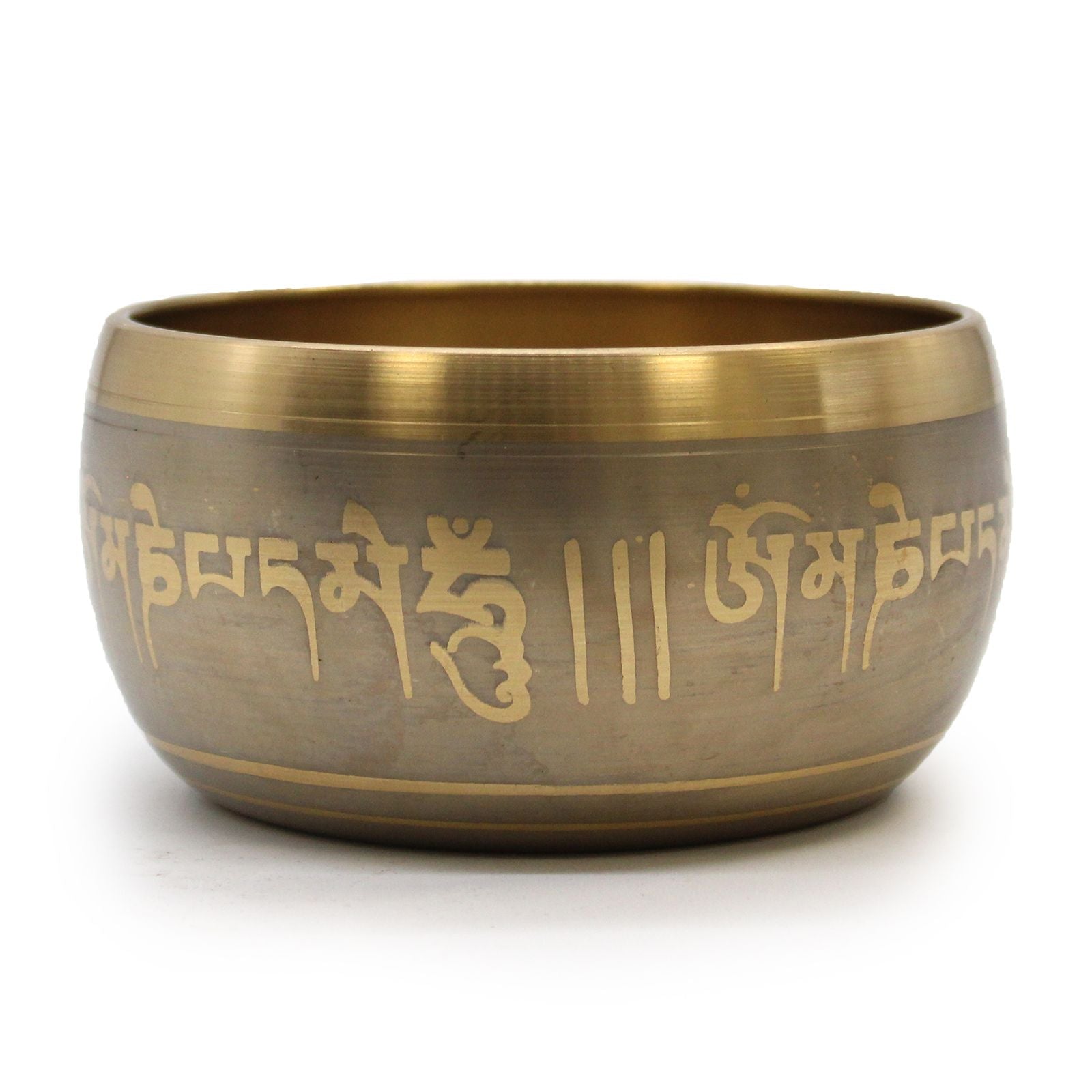 Large brass singing bowl featuring an intricate Five Buddha design on the interior and traditional patterns on the exterior.