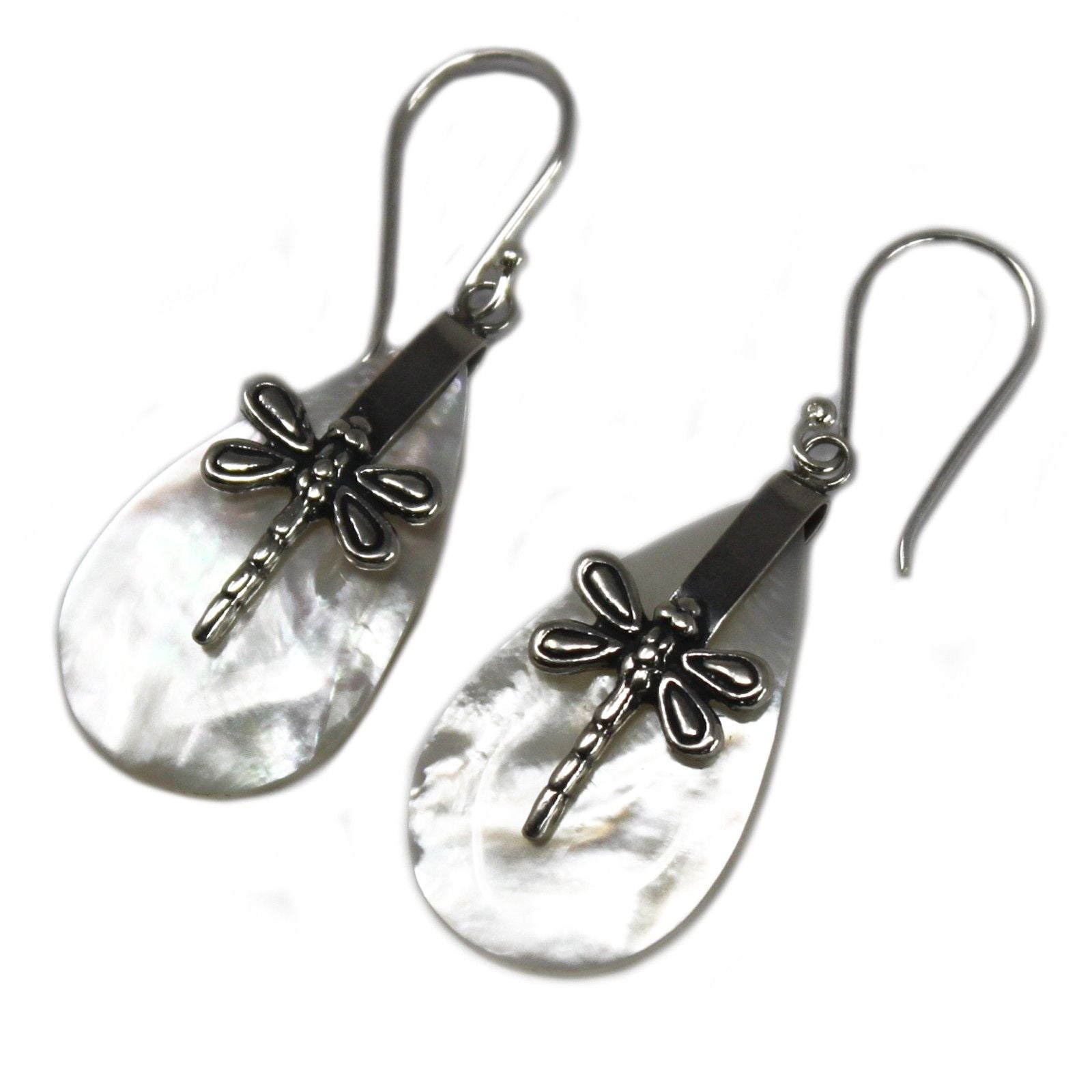 Handcrafted 925 sterling silver earrings featuring a delicate dragonfly design with iridescent mother of pearl shell inlay.