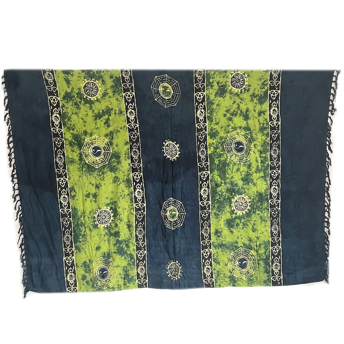 Vibrant green sarong featuring a large Yin and Yang symbol with intricate Celtic knotwork patterns.