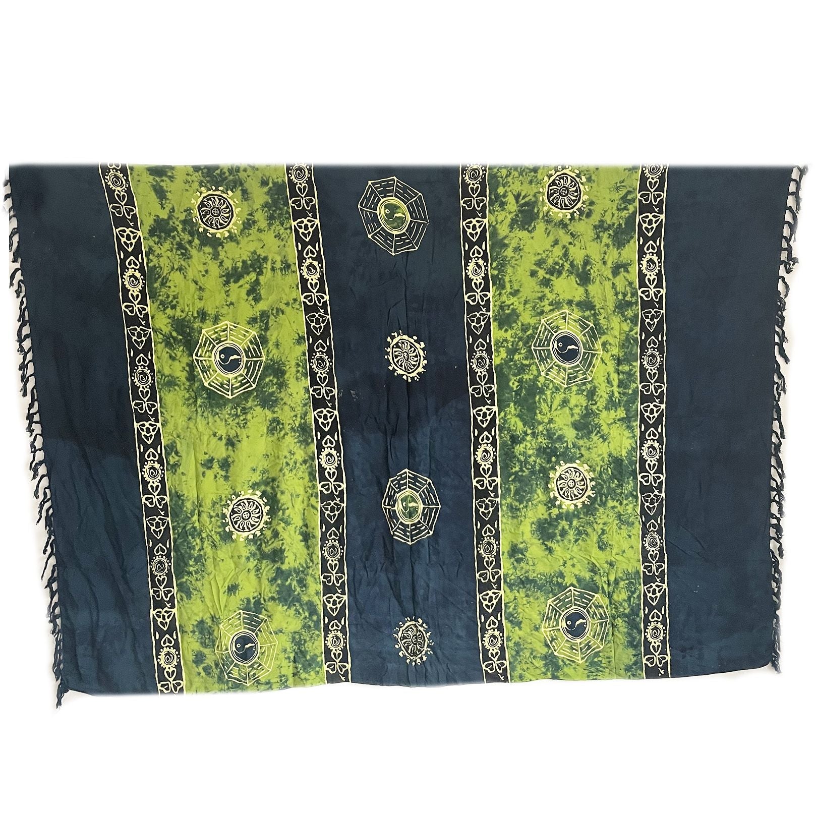 Vibrant green sarong featuring a large Yin and Yang symbol with intricate Celtic knotwork patterns.