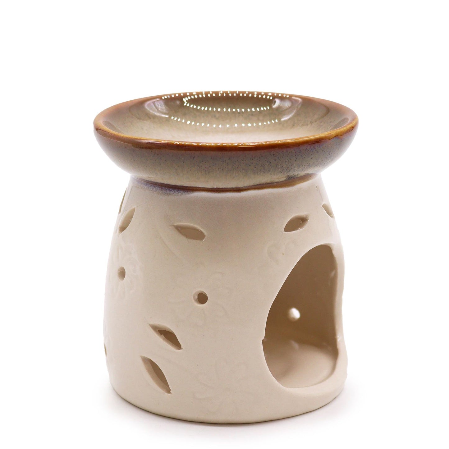 Elegant ceramic oil burner in a natural stone finish with a classic minimalist design.